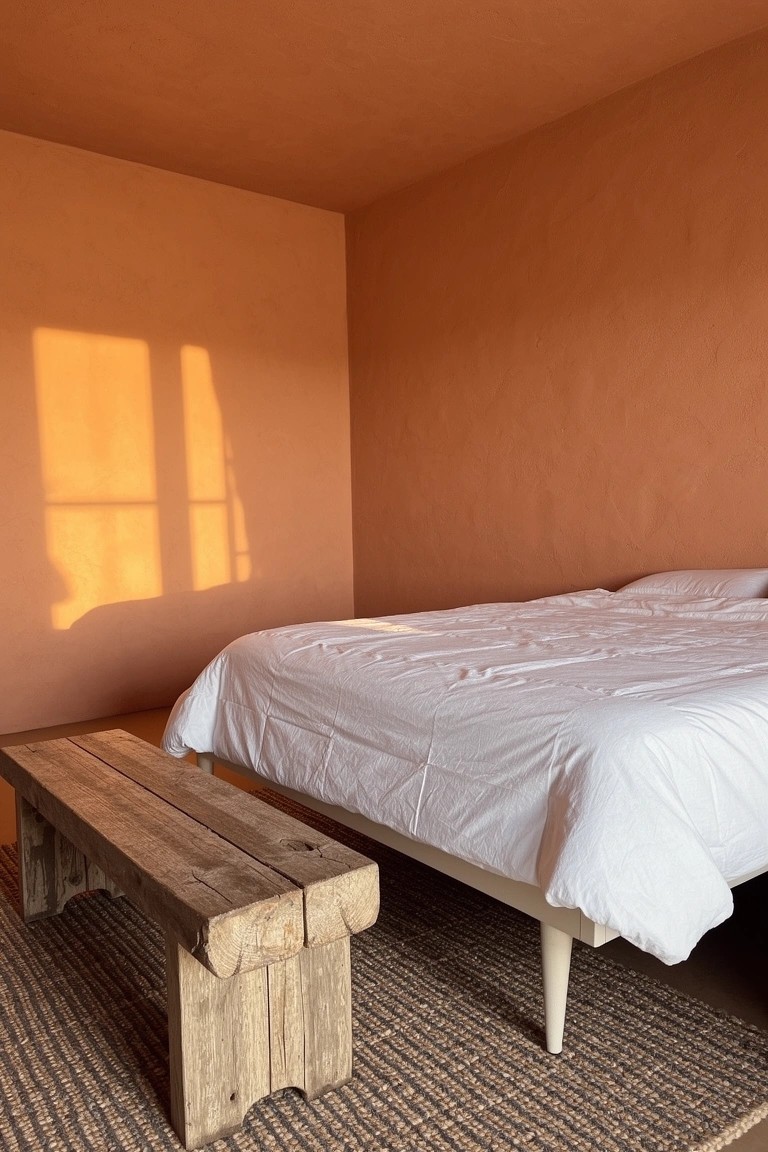 Bedroom interior with warm terracotta orange walls, white duvet bed on a low frame, wooden bench, and seagrass rug in soft sunlight