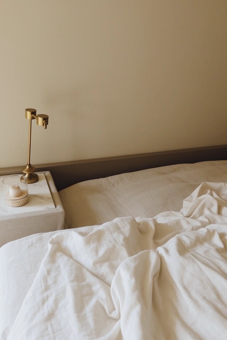 Bedroom corner with pale warm beige walls, rumpled white bedding, white nightstand, and brass lamp