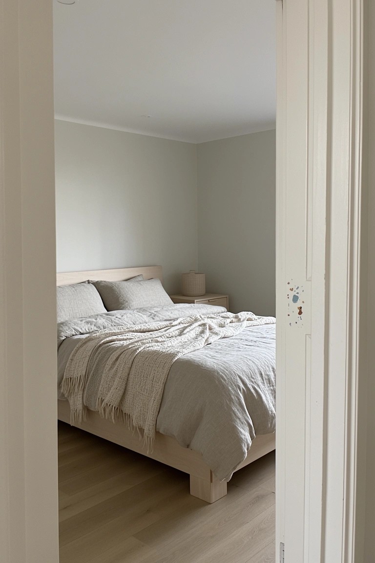 Bedroom interior with pale greige walls, light wood floors, neutral bedding, and white trim viewed through an open doorway