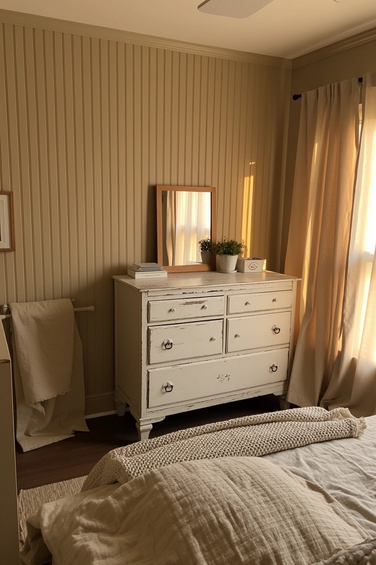 Cozy bedroom corner with warm beige paneled walls, white antique dresser topped with mirror and plants, neutral bed linens, and soft window light