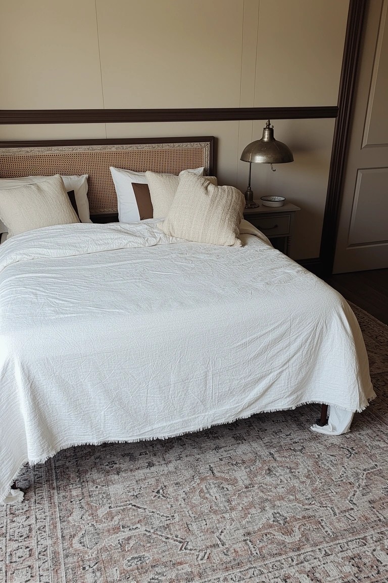 Bedroom with warm beige walls, white bedding on a rattan headboard, wood nightstand, and patterned rug