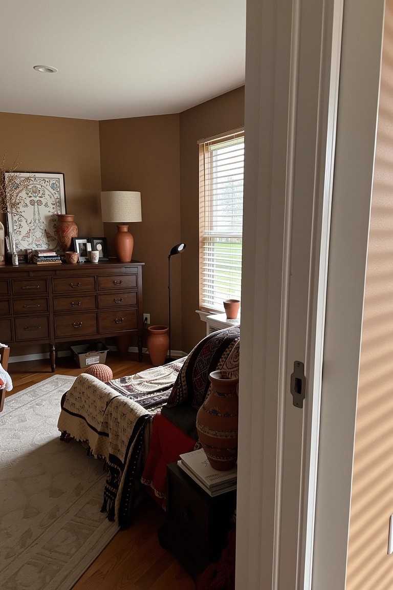 Cozy bedroom with warm tan walls, wooden dresser, and terracotta accents