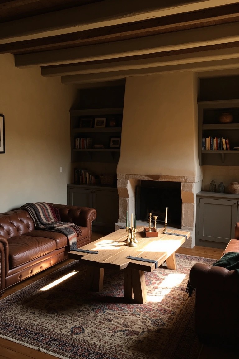 Rustic living room with exposed wood beams, tall stone fireplace flanked by built-in bookshelves and cabinets, brown leather sofa facing a wooden coffee table on a patterned rug