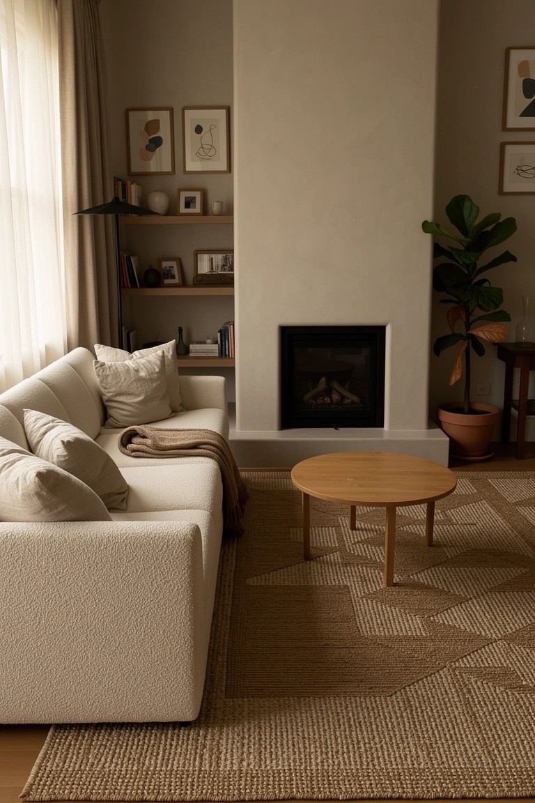 Modern neutral living room with cream L-shaped sofa beside a gas fireplace, round wooden coffee table on seagrass rug, shelves, plants, and sheer curtains by large windows