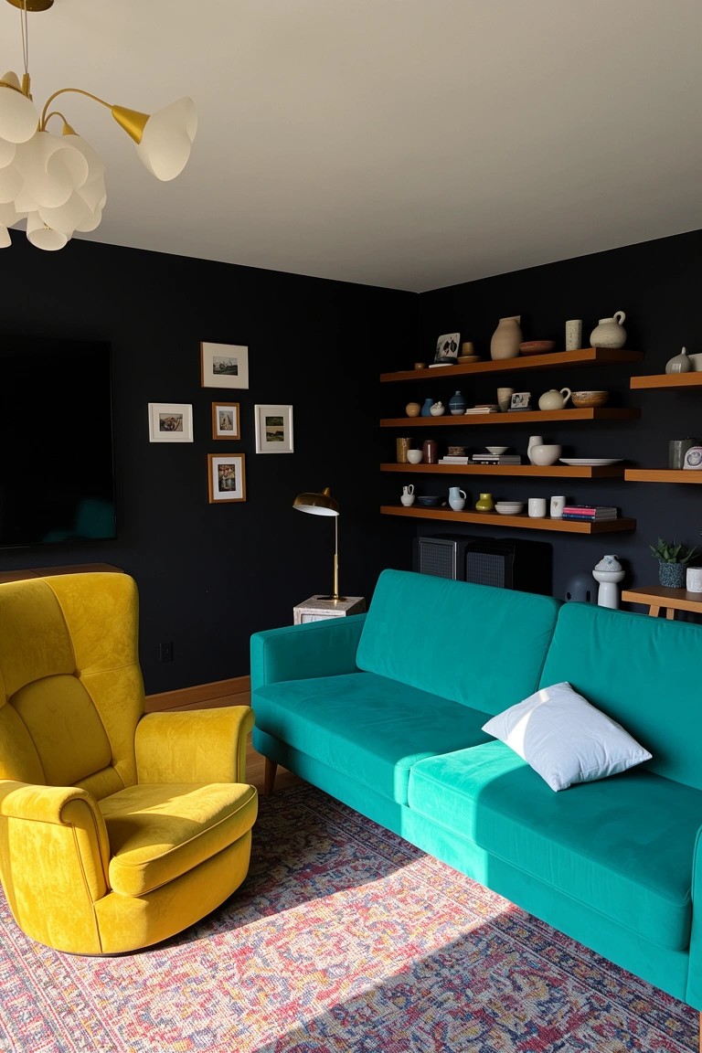 Modern living room with matte black walls, teal sofa, yellow velvet armchair, wooden shelves displaying pottery, colorful patterned rug, and plants.