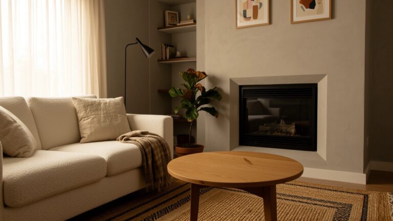 23 Comfy Modern Living Room Ideas That Feel Stylish And Practical Modern neutral living room with cream L-shaped sofa beside a gas fireplace, round wooden coffee table on seagrass rug, shelves, plants, and sheer curtains by large windows