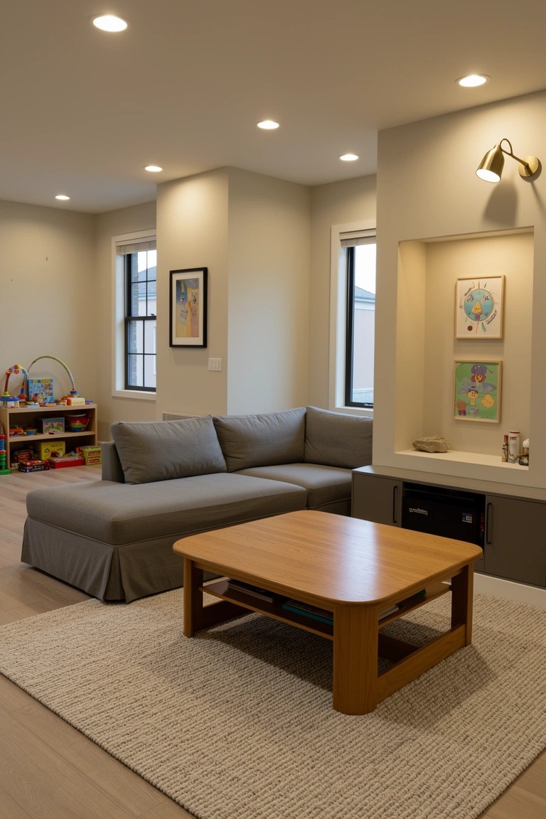 Neutral modern living room with gray L-shaped sofa, wooden coffee table, recessed shelves, and adjacent kids' toy area