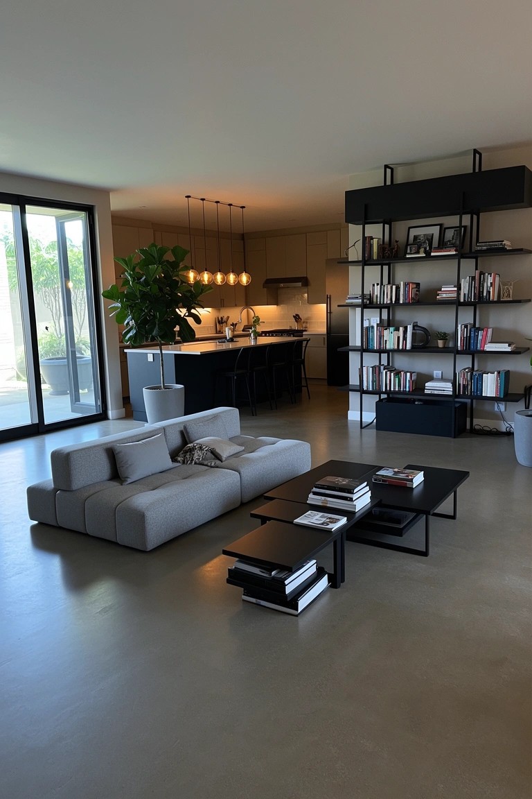 Modern open living room with modular gray sectional sofa, black metal shelving units, and stacked coffee tables with books