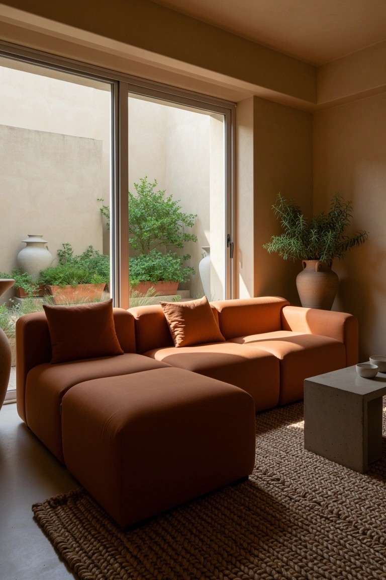 Modern living room with burnt orange modular L-shaped sofa, neutral beige walls, large sliding glass doors to garden, potted plants, seagrass rug, and low coffee table