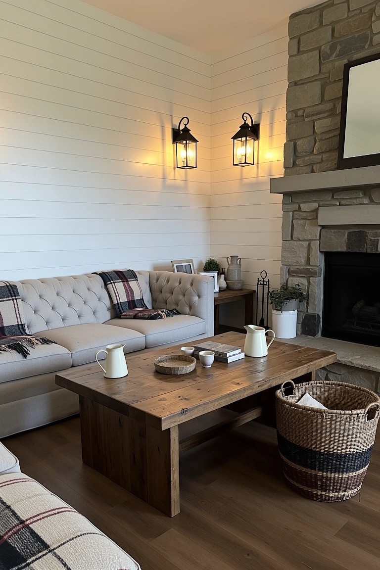 Cozy living room corner with white shiplap wall next to stone fireplace, beige tufted sofa draped in plaid blankets, rustic wood coffee table, and woven basket