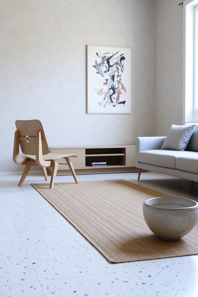 Minimalist living room with blond wood chair and credenza, gray sofa, seagrass rug, and large ceramic pot on speckled white floor