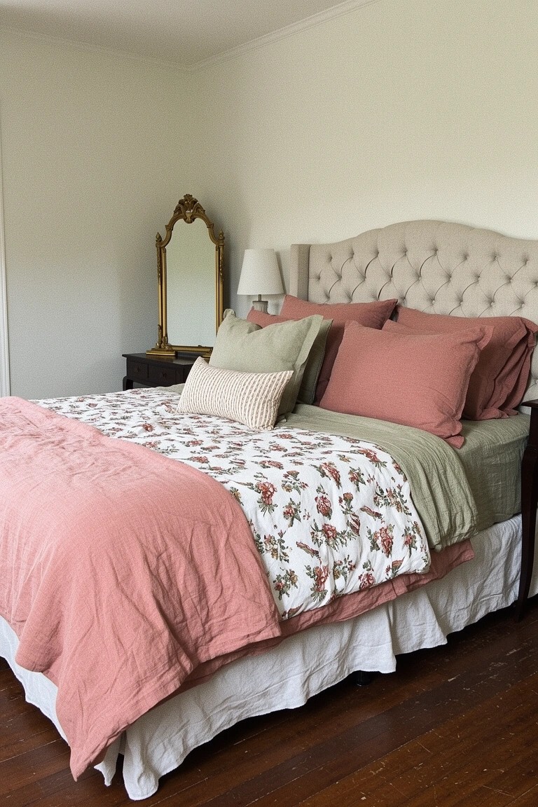 Bedroom featuring creamy white walls with tufted upholstered bed, pink and green floral bedding, gold mirror, and hardwood floors