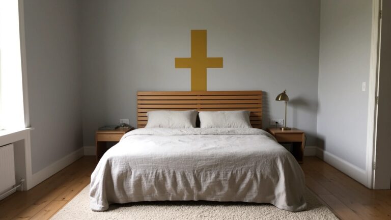 23 Inspiring Bedroom Color Combinations To Refresh Your Space Cozy bedroom corner with warm mustard yellow accent wall behind wooden slat headboard and light gray bed, wooden nightstand with curved lamp, gray linens, seagrass rug on hardwood floors