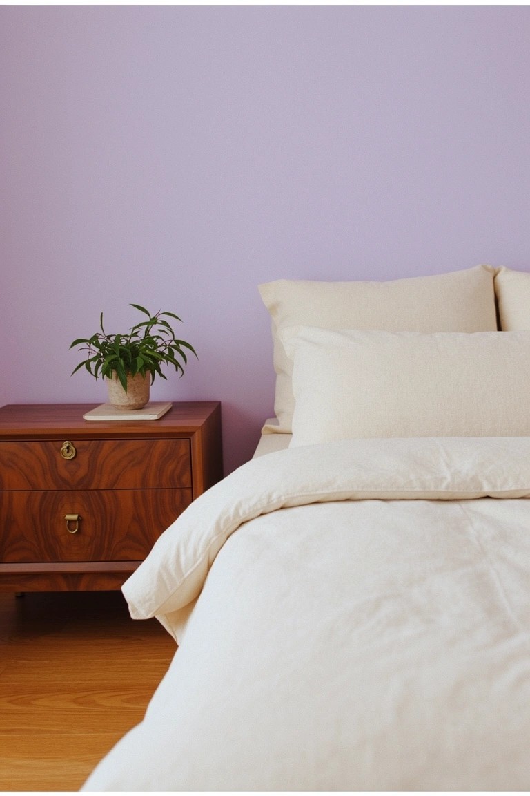Cozy bedroom with pale lavender walls, wooden nightstand holding a potted plant, and white bedding on the bed