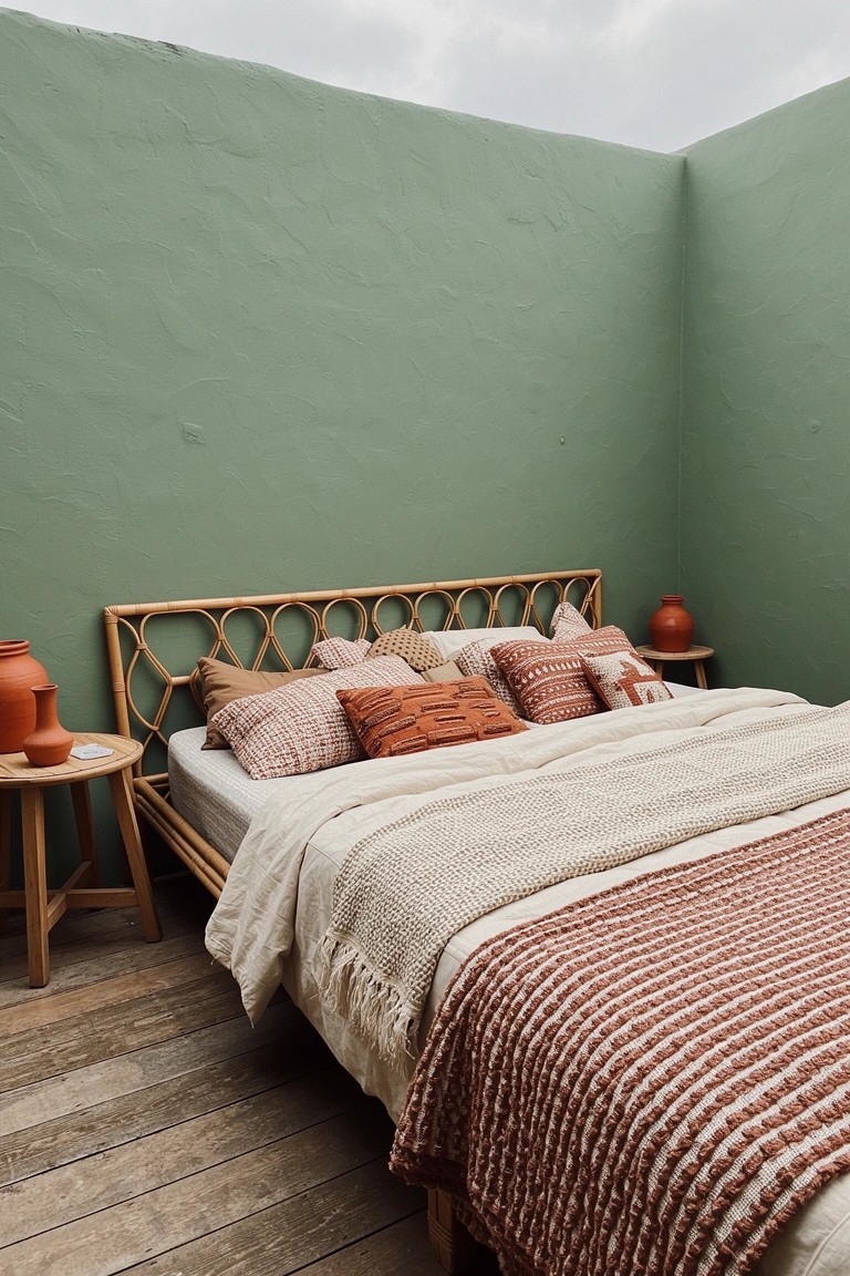 Bedroom with muted sage green walls, rattan bed frame, terracotta pots, and layered warm-toned bedding on wood floors