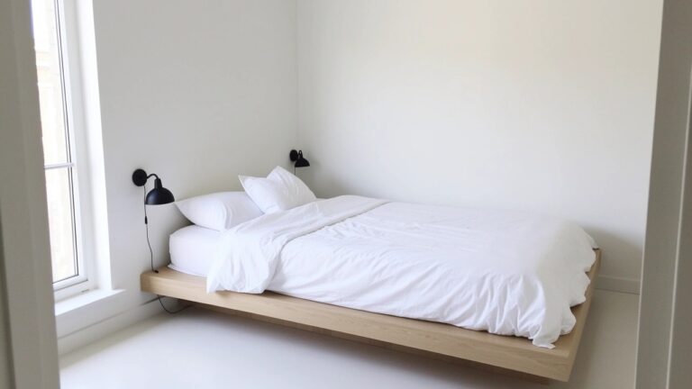 Minimalist bedroom with crisp white walls, light wood platform bed, white bedding, and black lamp on nightstand