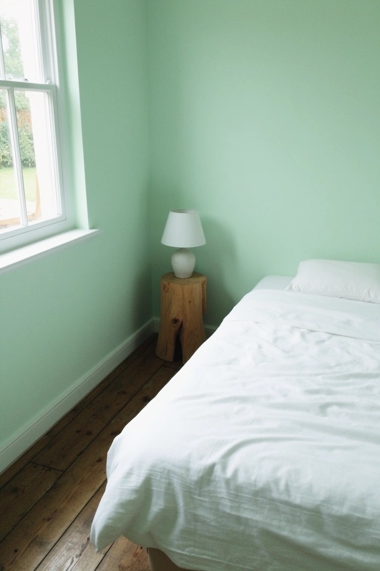 Pale mint green walls in a minimalist bedroom with white bed, wood side table, and lamp by the window