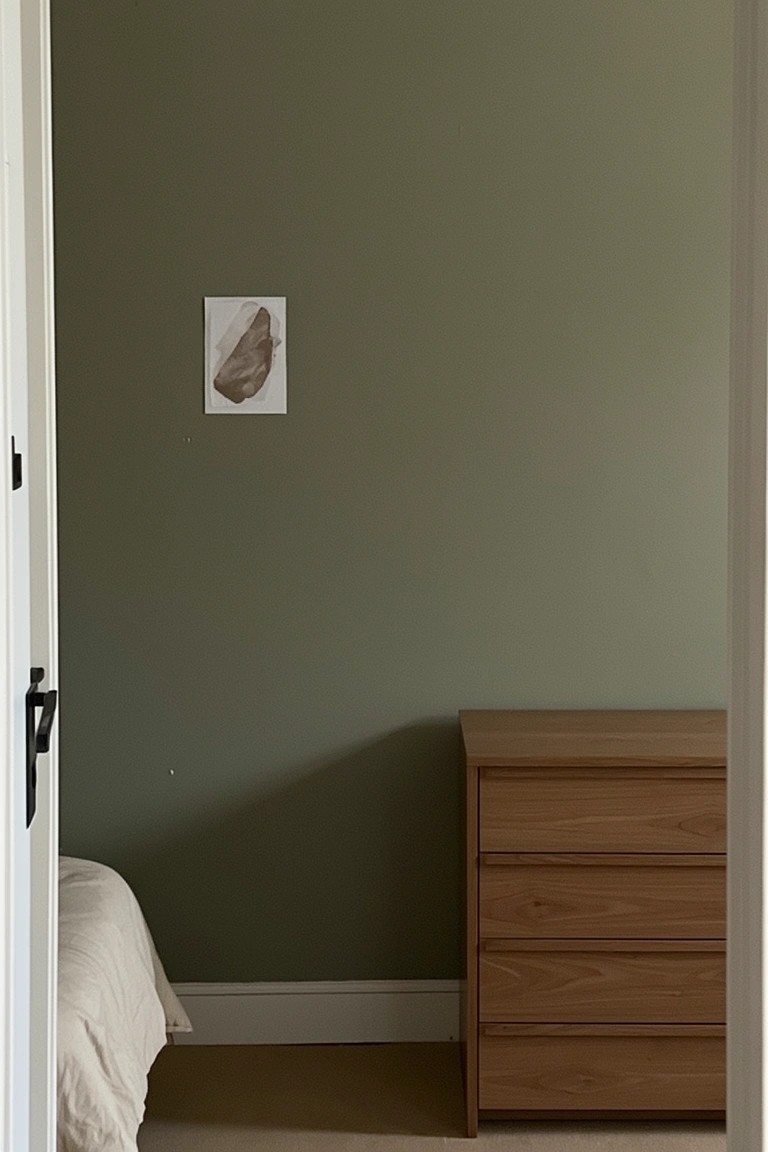 Minimalist bedroom featuring soft sage green walls beside a wooden dresser and simple bed