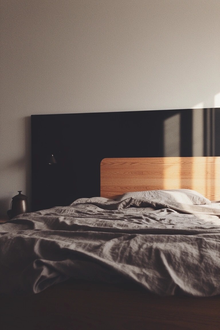 Minimalist bedroom with soft greige walls, wood-accented black headboard, and rumpled white sheets.