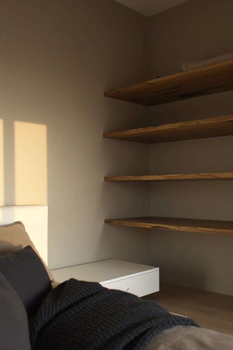 Minimalist bedroom corner with warm beige walls, floating wooden shelves, white low dresser, and neutral bedding draped nearby