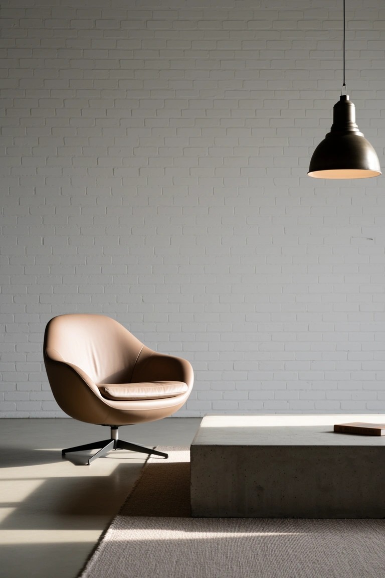 Tan leather swivel armchair in minimalist living room with white brick wall, low concrete table, and black pendant light