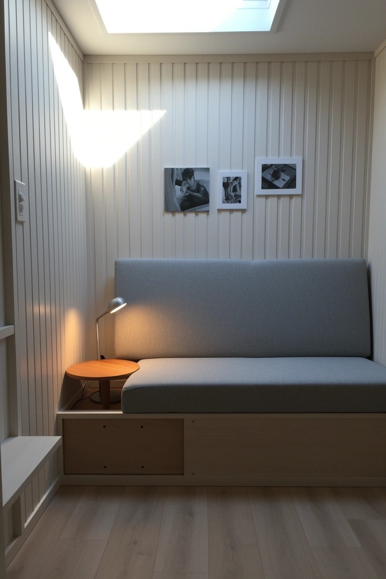 Minimalist wood-paneled nook with built-in gray bench, orange side table, lamp and black-and-white photos