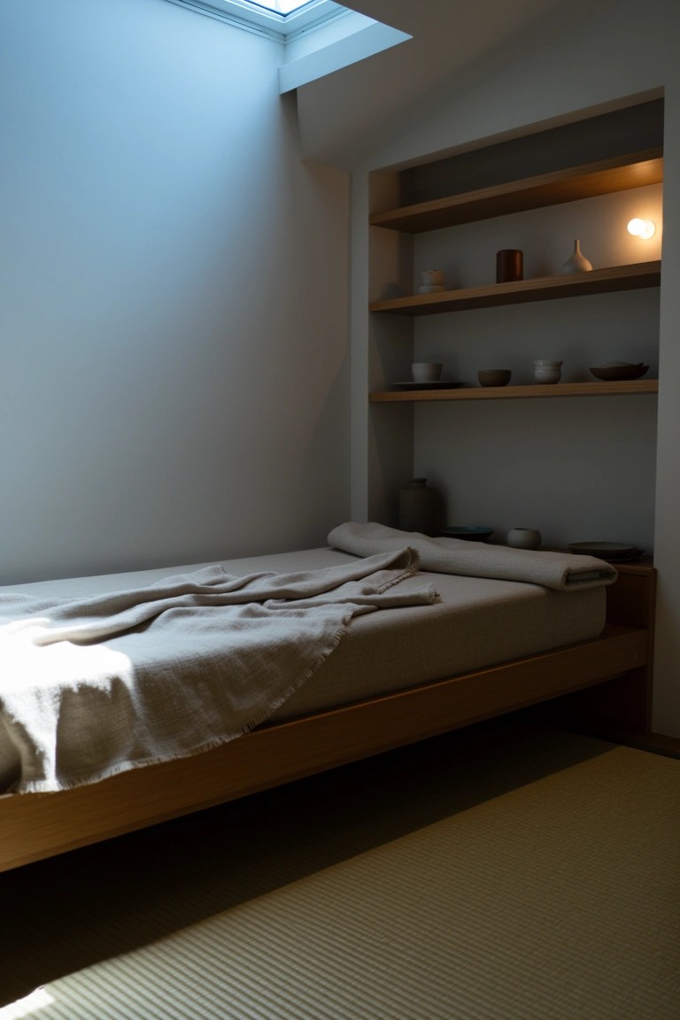 Recessed wooden wall shelves displaying simple ceramics above a low platform bed in a light-filled minimalist room with tatami flooring