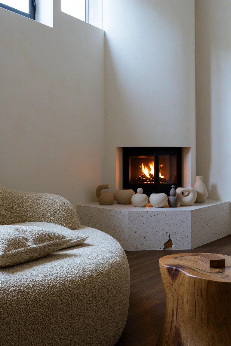 Minimalist living room corner with white corner fireplace topped by assorted cream pottery, plush curved beige sofa, and natural wood stump table on light floors