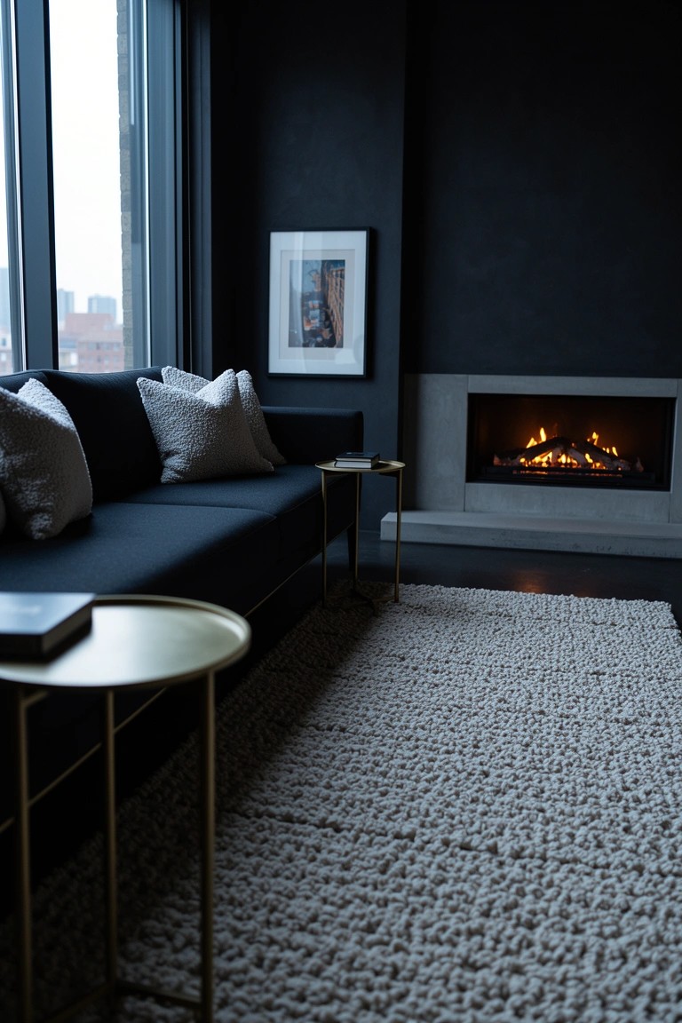 Minimalist living room with charcoal walls, navy sofa, gold side tables, fluffy white rug and modern fireplace