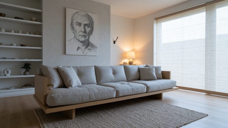 Minimalist living room with low wooden framed sofa, gray cushions, shoji screens, and neutral shelves