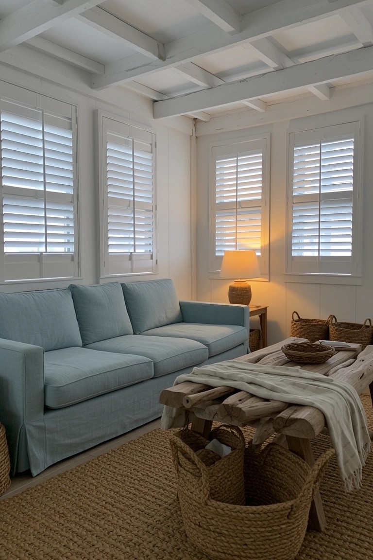 Minimalist living room with light blue slipcovered sofa, white plantation shutters, wooden coffee table, and seagrass rug