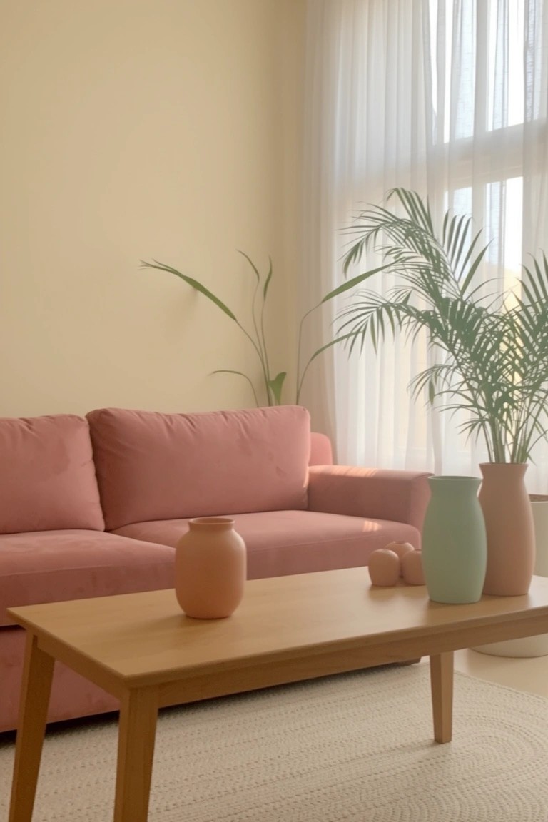 Blush pink sofa facing large windows with sheer curtains, wooden coffee table holding pastel vases and oranges, potted palm plant in cozy living room
