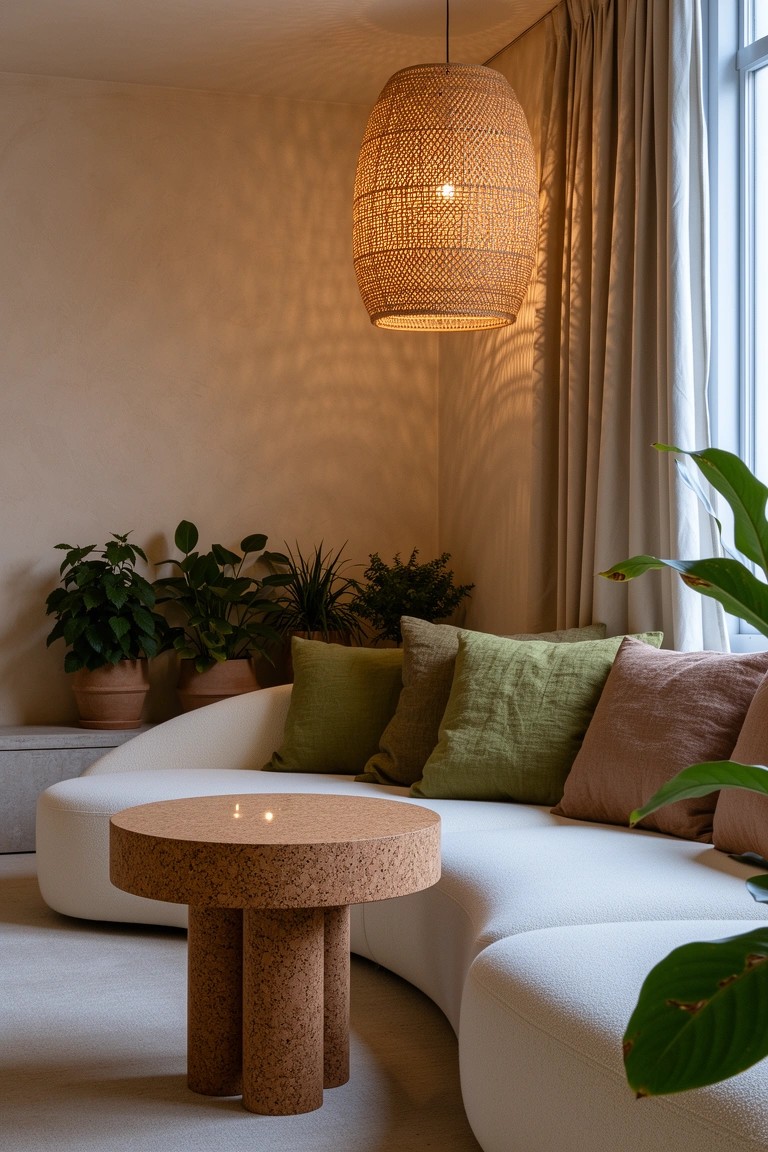 Curved white sofa in a beige living room corner with cork side table, potted plants, green cushions, and bamboo pendant light