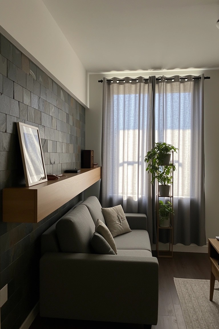 Living room with dark slate accent wall, floating wooden shelf, gray sofa against it, sheer curtains on windows, and potted plant stand