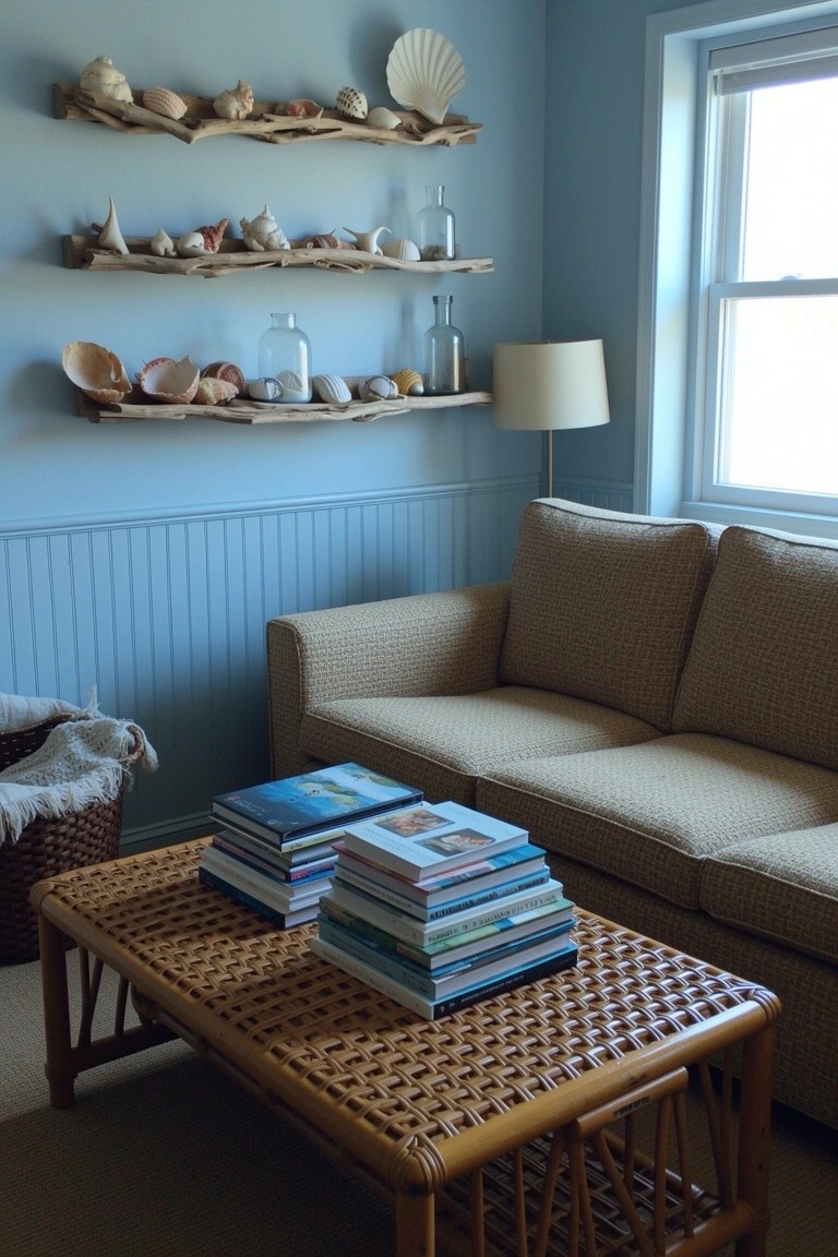 Light blue living room with driftwood shelves displaying shells and jars above a beige sofa