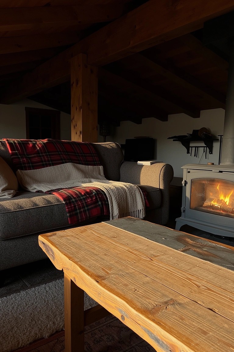 Rustic living room under sloped wooden ceiling with exposed beams, gray sofa with plaid and cream blankets, live-edge wood table, and wood stove fire