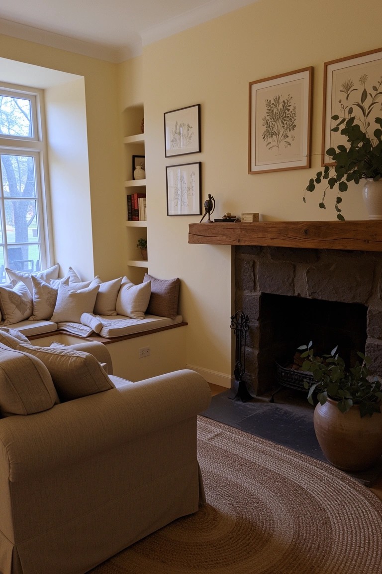 Cozy living room nook with built-in beige benches around a stone fireplace, pale yellow walls, cream sofa, potted plants, and botanical art frames.