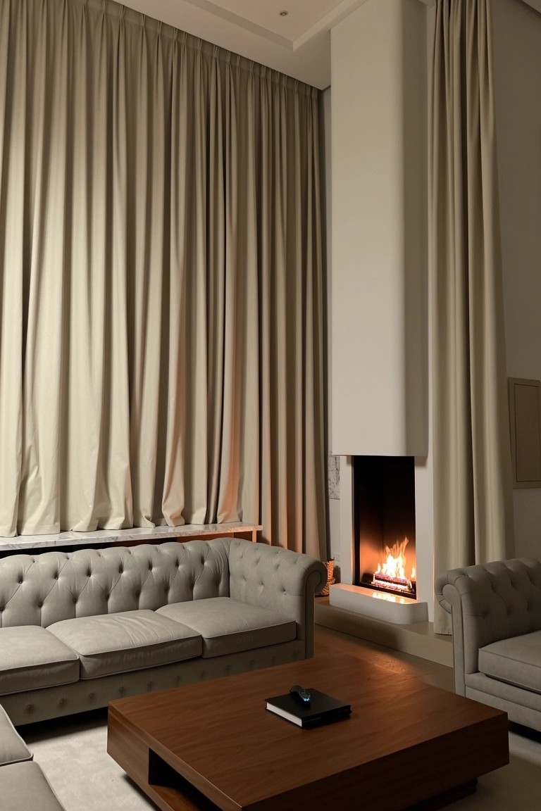 Neutral living room with tall beige curtains framing windows beside a lit wall fireplace, gray tufted sofas, and wooden coffee table