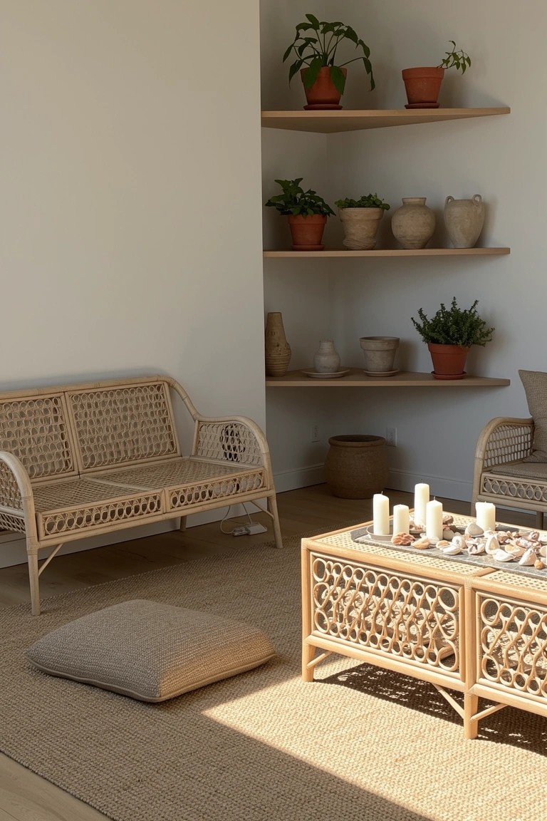 Light rattan loveseats and woven coffee table in a neutral living room corner with wall shelves of plants, candles on the table, floor cushion, and seagrass rug.