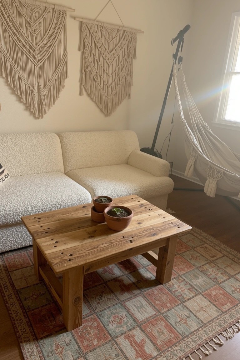 Cozy living room featuring a rustic knotted wood coffee table with terracotta plant pots, neutral sofa, macrame wall hangings, and hammock chair.