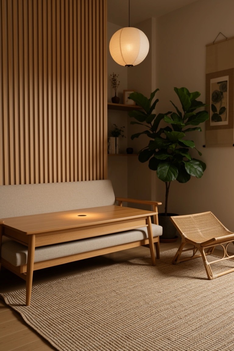 Cozy minimalist living room with vertical slatted wood wall, beige sofa, wood coffee table, potted ficus plant, rattan chair, and paper lantern pendant light