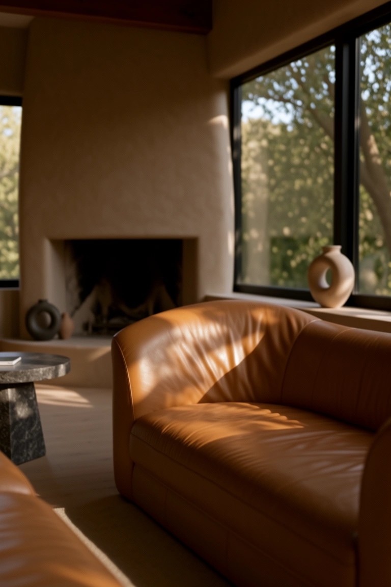 Tan curved leather sofa in a neutral living room with plaster walls, large windows, low stone table, and pottery accents