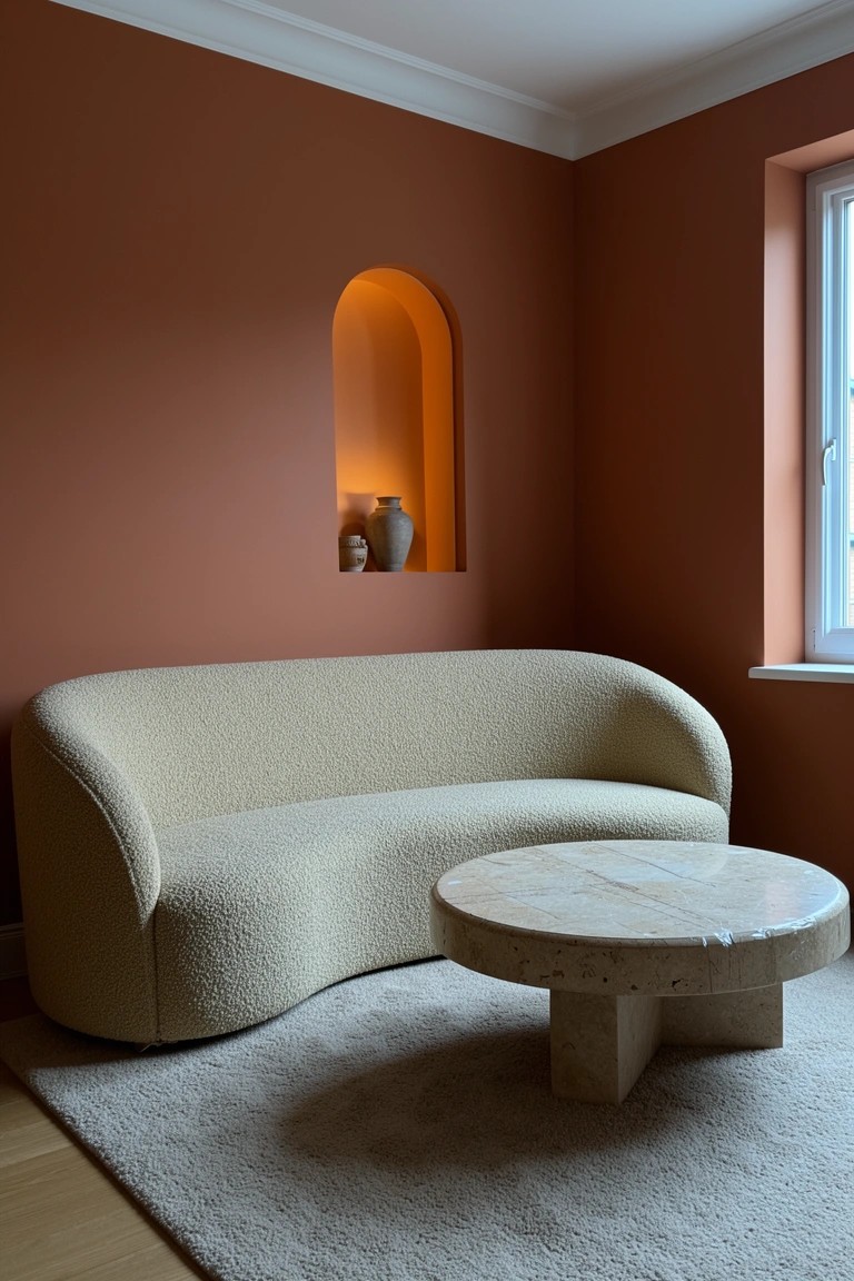 Living room corner featuring warm terracotta walls, curved cream boucle sofa, round travertine coffee table on a beige rug, and arched niche shelf with lit pottery.
