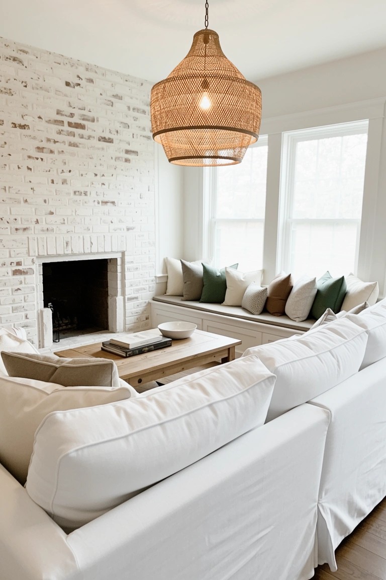 Living room with whitewashed brick fireplace wall, white L-shaped sofas, green pillows, wood coffee table, and woven pendant light