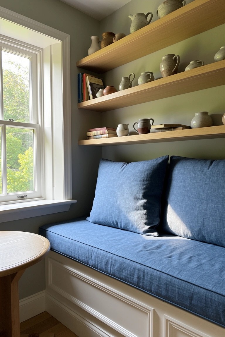 Built-in blue cushioned bench under window with wooden shelves holding pottery and books in a cozy gray room corner