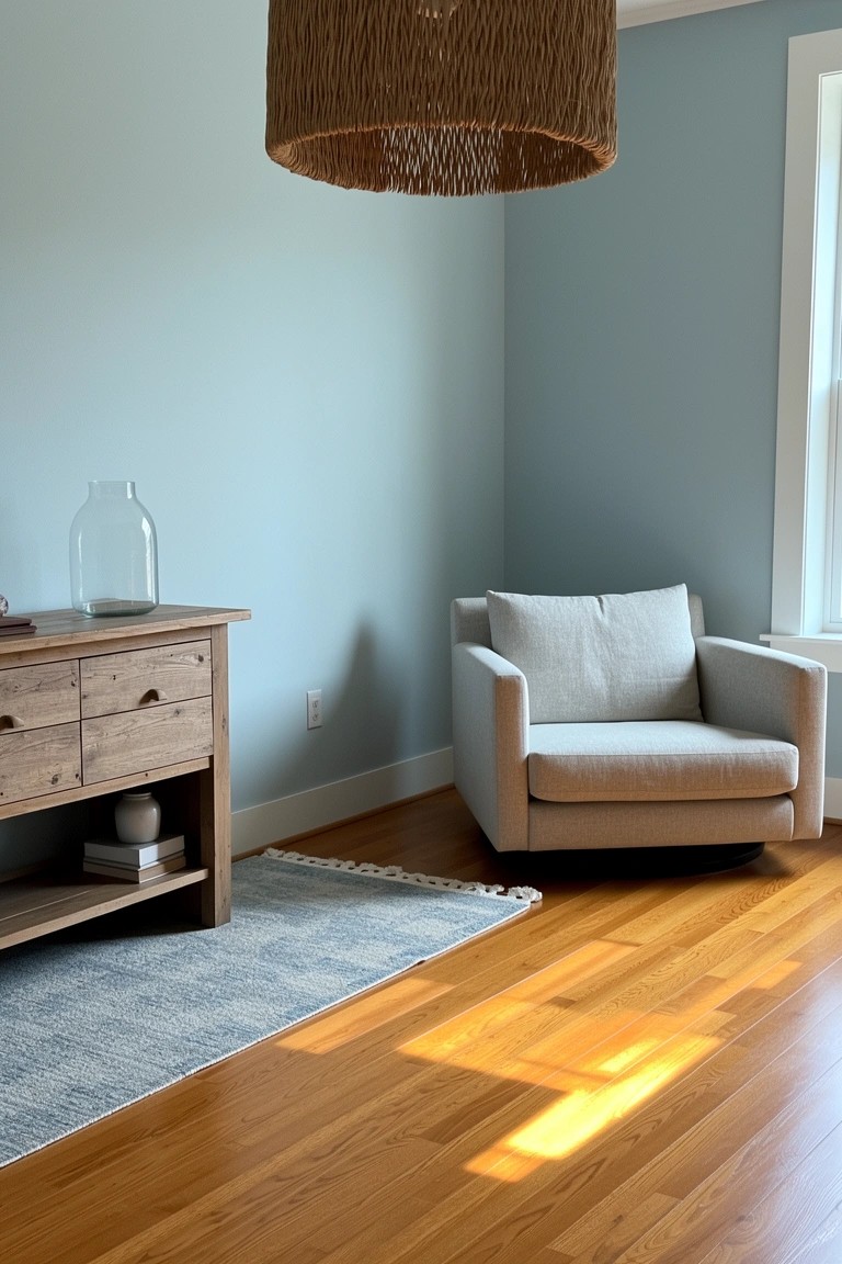 Light blue living room corner with a single beige armchair, wooden dresser side table, rattan pendant light, and hardwood floors