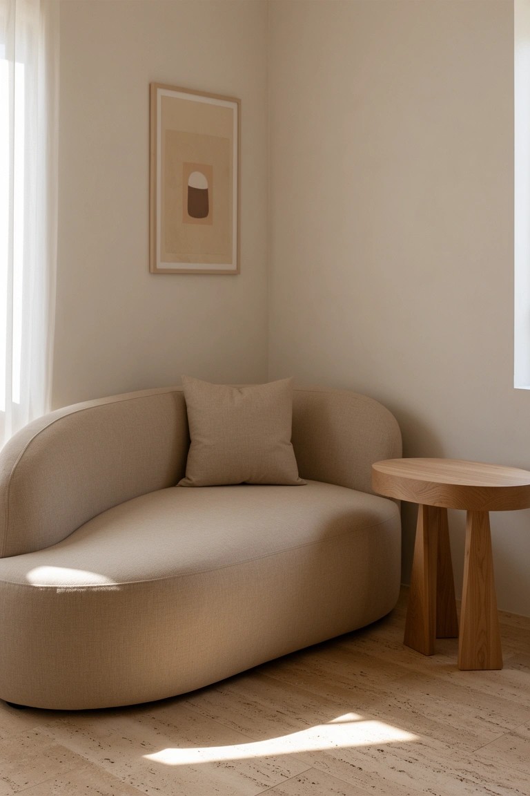 Beige curved sofa in a light neutral corner with wooden side table and sheer curtains