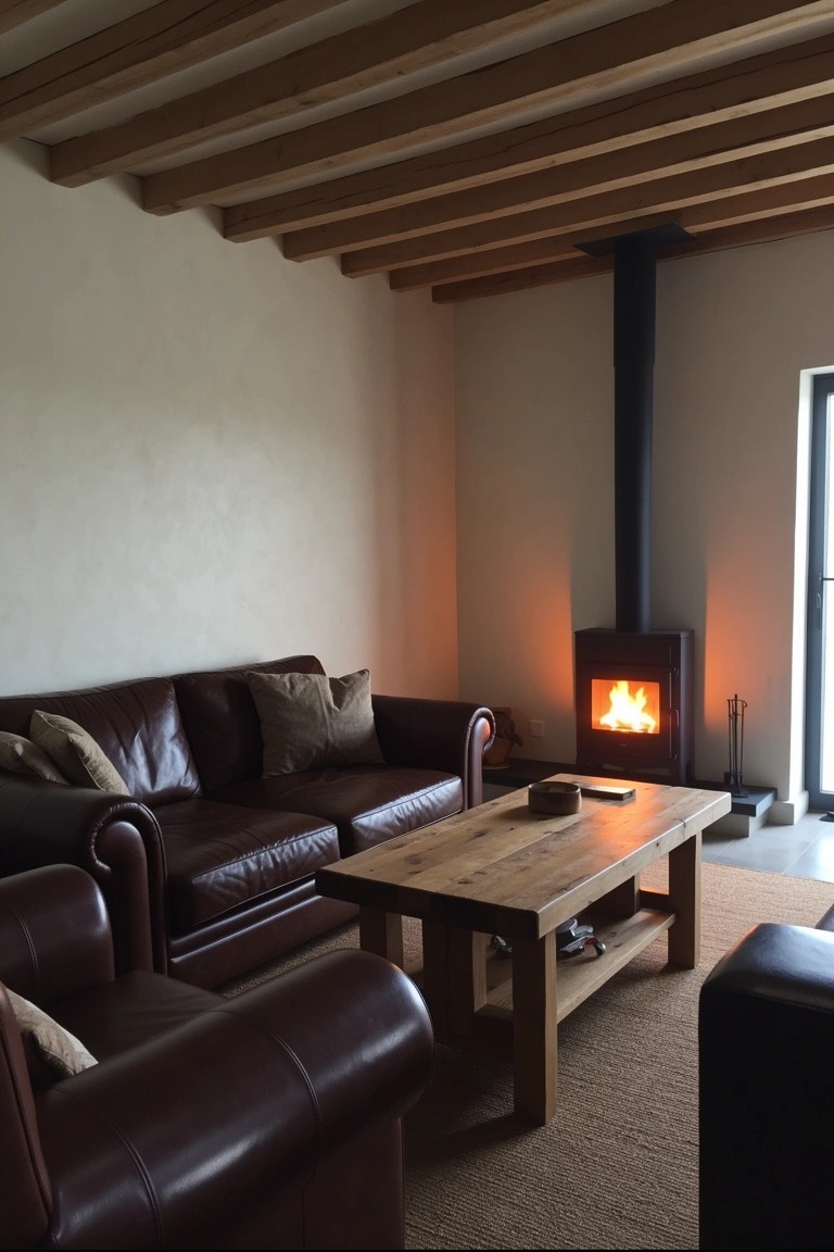 Living room featuring dark exposed wooden ceiling beams, a wood-burning stove, leather sofas, and rustic coffee table
