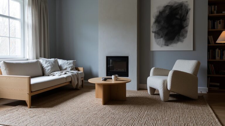 Serene living room featuring soft gray walls, oak coffee table on seagrass rug, neutral sofa, and white egg chair