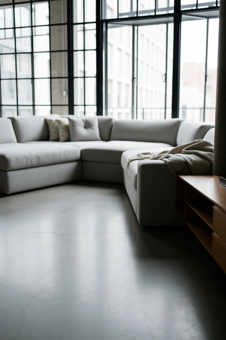 Light gray L-shaped sofa in an airy industrial loft living room with metal-framed windows